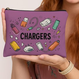 Travel Cable Organizer Bag – Compact Canvas Pouch for Chargers, Cords & Tech Accessories – Fun Printed Design – Zipper Case for Carry-On, Backpack or Suitcase (Purple Canvas)
