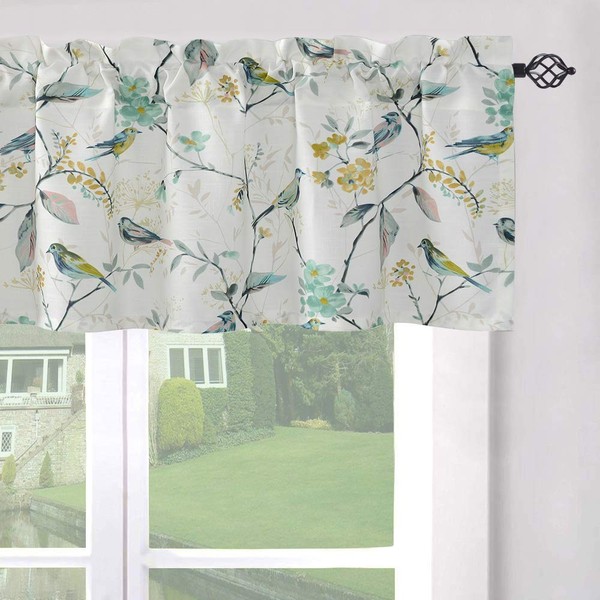 Leeva Windows Valances for Bathroom, Birds Garden Print Pattern Thermal Insulated Short Curtains for Bedroom Kitchen, 52 x 12, Green, One Panel