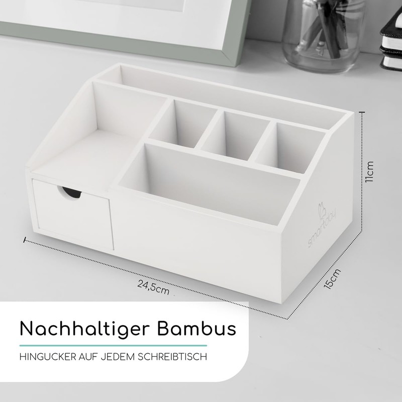 smartday Wooden Desk Organiser White with Drawer - Pen Box,