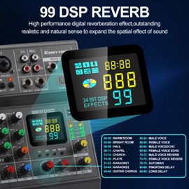 Professional Audio Mixer, Sound Board with 4 Channel Mixer USB Bluetooth Echo Delay Effect 99DSP, 48V Phantom Power Stereo Mixer board for Karaoke Studio Recording, Live Streaming,Podcasting