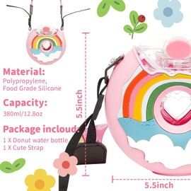 Botella de agua de dona de 380 ml con pajita para niños, sin BPA y a prueba de fugas con pajita, botella de bebida para niños pequeños. (Arcoíris rosa)