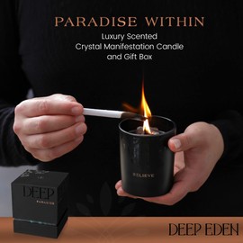 Deep Eden Scented Candle, Wood Wick, 7.4 Oz, Black - Luxurious, Powerful Manifestation Crystal Candle - Hand Poured with Natural Soy, Coconut and Beeswax - Essential Oils and Exotic Fragrance