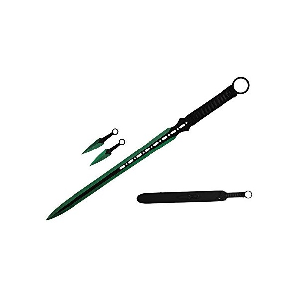 Wartech K1020-64-GR 440 Stainless Steel Full Tang Blade Ninja Hunting Machete Sword with Throwing Knives (2 Piece), 27", Green