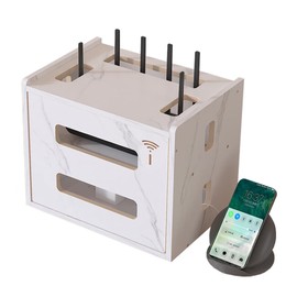 Wooden Router Shelf, Desktop WiFi Router Storage Box Modem Rack Router Cover Power Strip and Cable Management Hider Organizer for Office and Home (White)