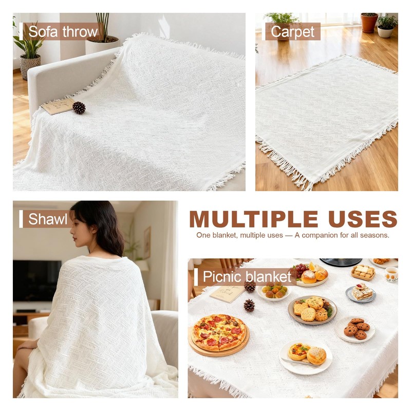 Beach Blanket 91x71'' White Picnic Blanket, Decorative Picnic Blanket