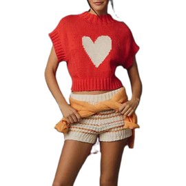 CocMouse Womens Cap Sleeve Sweater Tank Tops Cute Heart Print Mock Neck Sweater Vest Knitted Pullover Top Valentine's Day Outfits (Red, S)