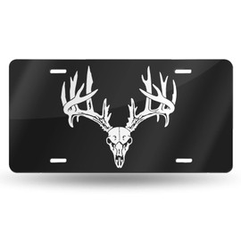 Deer Buck Antlers Skull Hunting Front License Plate Aluminum Decorative License Plates Funny Metal Car Plate 6"X12" Novelty Vanity Tag Cover with 4 Holes Car Decor Accessory