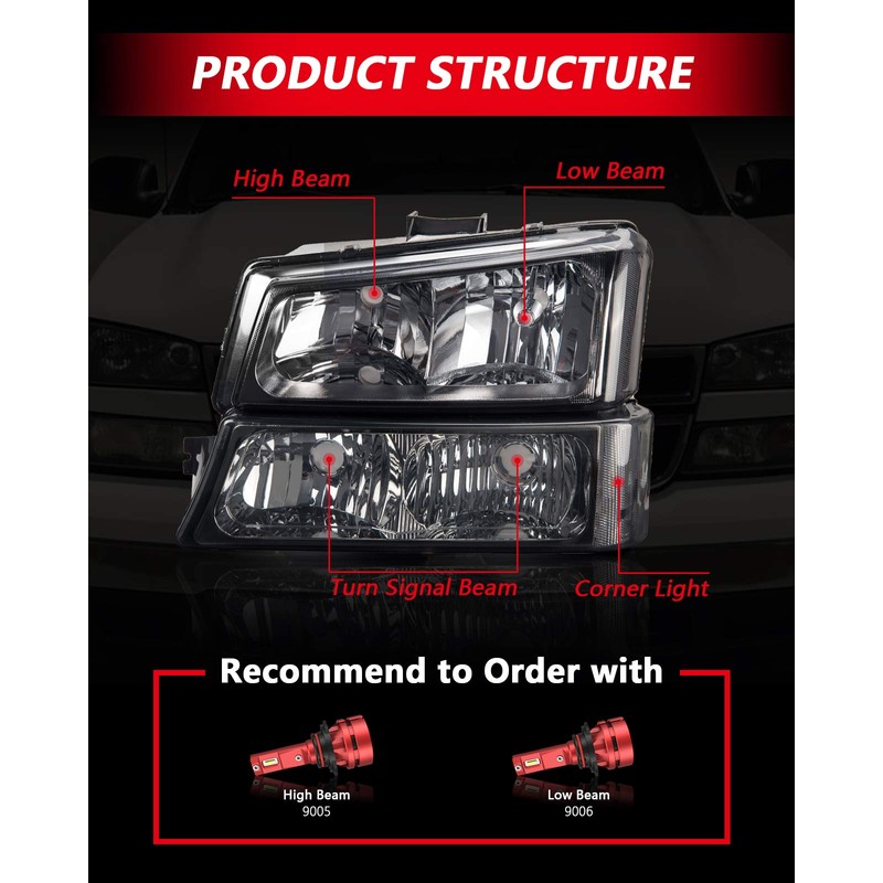 Torchbeam Headlight Assembly Replacement for Silverado/Avalanche 1500/2500/3500 (2003-2006) Smoke Housing