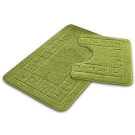 VELVETIO Bath Mat Set 2 Piece Machine Washable for Bathroom, Jacquard Greek Non Slip Quick Dry Shower Rugs & Bathtub Mats, Highly Water Absorbent 100% Polypropylene Toilet Rug Sets, Green