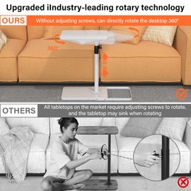 TV Tray Table for Couch - Adjustable Height & 360°Swivel Panel Design，Larger Metal and Wooden Base to Prevent Slipping，Sofa Armrest Tray Table for Eating Laptop Couch Bed Dinner or Small Space