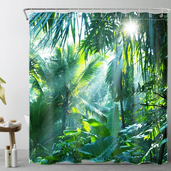 LB Shower Curtain, Jungle Bath Curtains, Green Forest, Tropical Plants, Banana Leaf, Extra Wide, Waterproof, Anti Mould, Polyester Bathroom Curtain with Hooks, 240 x 175 cm