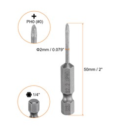 HARFINGTON 5pcs #0 Phillips Screwdriver Bit PH0 1/4" Hex Shank 2" (50mm) Long Magnetic S2 Steel Industrial Grade Screw Driver Bit Cross Head Electric Drill Bits 0.079" (2mm) Rod