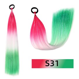 Newshair Colorful Ponytail Extension with Hair Tie, 24 inch Ombre Braid Ponytail Blend Hair Tinsel for Holiday Party Rainbow Festival (50g 3 Packs #Red/White/Green)