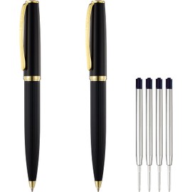 LINFANC Ballpoint Pens, Matte Black with Gold Trim, Medium Point 1.0mm Black Ink, Nice Metal Pens for Office, 2 Pens with 4 Refills