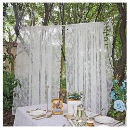 Primst White Floral Embroidered Lace Sheer Curtains with Curtain Tieback, Rod Pocket Window Voile Drapes for Living Room Bedroom Wedding Stage Decor (59W x 59L Inch, 2 Panels)