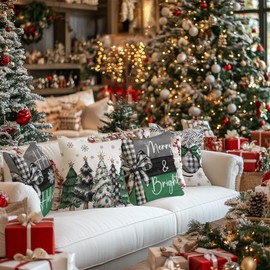 GEEORY Christmas Throw Pillow Covers 20 x 20 Inch Set of 4, Xmas Trees Merry and Bright Happy Holidays Farmhouse Decorative Cushion Cases for Home Decoration G584-20