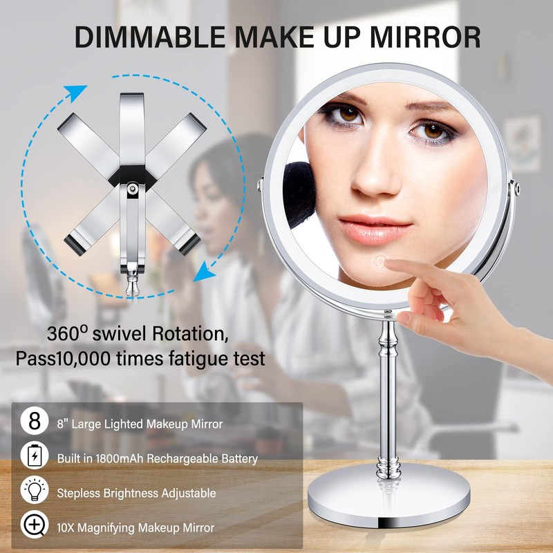 AMZTOLIFE 8" Lighted Makeup Mirror, 10X Makeup Mirror with Lights,