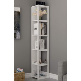 Decorotika Texas 5-Shelf Vintage Industrial Cube Bookshelf, Rustic and Metal Cubic Corner Bookcase with Fancy Color Options (White)