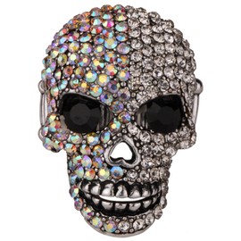 YACQ Women's Skull Stretch Rings Fit Finger Size 7 to 9 - Moving Jaw - Lead & Nickle Free - Paved Crystals - (1-1/2 x 1) Inch - Scarf Holders - Women Girlfriends Wife Biker Jewelry (Silver AB)