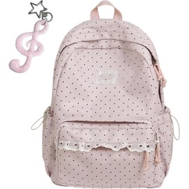 Polka Dot Backpack, Y2K Lace Aesthetic Canvas Daypack with Bow Details, Large Casual Backpack Fits Up to 14-Inch Laptop for Travel, Shopping and Daily Use