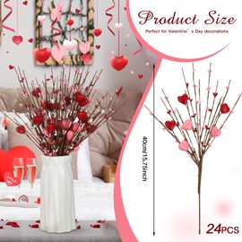 Lyrow 24 Pcs Valentine's Day Artificial Berry Flower Stems Heart Shape Floral Picks Sprays Branches for Valentine's Day Mother's Day Wedding Decoration Table Decor Vase Filler(Red and Pink)