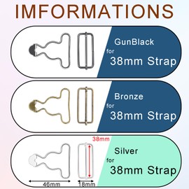 CooBigo 6 Sets 1-1/2" Overall Buckles Replacement, Suspender Buckle Metal Bib Clip Clasp with Adjustable Tri-Glide Slide Buckle for Jeans Suspender, Pants Sewing Accessories (Silver No-Sew Button)