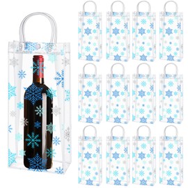 Sweetude 50 Pieces Christmas Wine Clear Gift Bags Snowflake Party Favor Bag with Handles Plastic Gift Bags Winter Gift Tote Bags for Birthday Wedding Party Supplies(Blue)