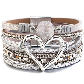 LUOLANA Heart Leather Wrap Bracelets for Women Boho Leather Wrap Wristband Cuff Bangle Bracelets Trendy Rhinestone Multi-Layer Bracelet Birthday Jewelry（white）
