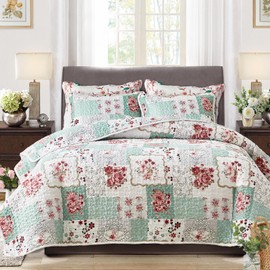 UOZZI BEDDING 3 Piece Floral Patchwork Quilt Set King Size White Green Lightweight Coverlet Bedspread with Red Flower Floral Plaid Patchwork Spring and Summer Quilt Set (1 Quilt+ 2 Shams)