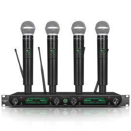MicrocQueen Wireless Microphone System, 4-Channel UHF Professional Mic, Automatically Pair Metal Cordless Mic with 4 Metal Handheld Microphones, 400ft Range, for Singing, Karaoke, Party