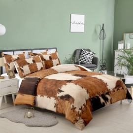 Tailor Shop Brown Cow Print Comforter Set Queen, Farmhouse Cow Print Bedding in A Bag, Leather Stitching Rustic Cowhide Comforter with 2 Matching Pillowcases Bedroom Decor………