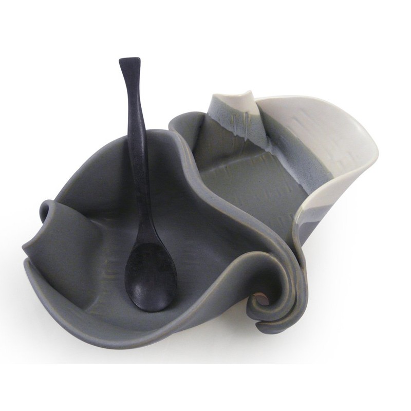 Contemporary Twist Double Server Dish with Rosewood Spoon, Handmade Stoneware