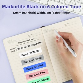 Markurlife Label Tape Compatible with DYMO Letratag Label Tape Plastic 12 mm x 4 m Compatible with Letra Tag XR LT-100H LT-100T QX50 2000 Tapes Transparent/White/Silver/Blue/Pink/Green