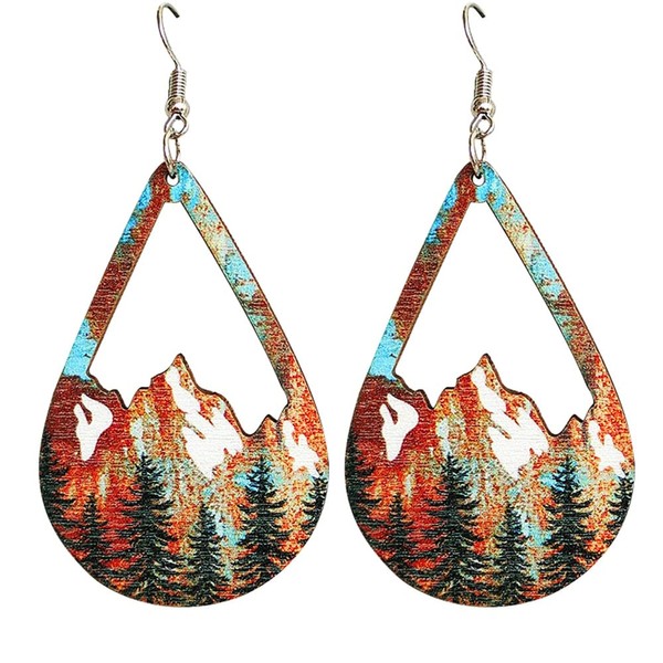 Western Cowgirl Nature Wooden Snow Mountain Dangle Drop Earrings Hollow