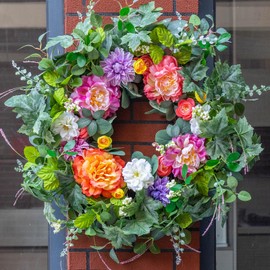 Spring Wreaths for Front Door 26 Inch Spring Wreath with Peony, Dahlia, and Rose, Spring Door Wreath for Outdoor or Indoor Spring and Summer Door Wreath for Front Door Outside