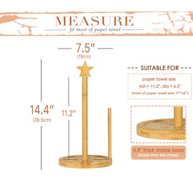 Sansnow Wooden Paper Towel Holder Countertop, Solid Bamboo Paper Towel Dispenser Stand with Star Top & Anti-Skid Base, Christmas Kitchen Decor, Natural Bamboo