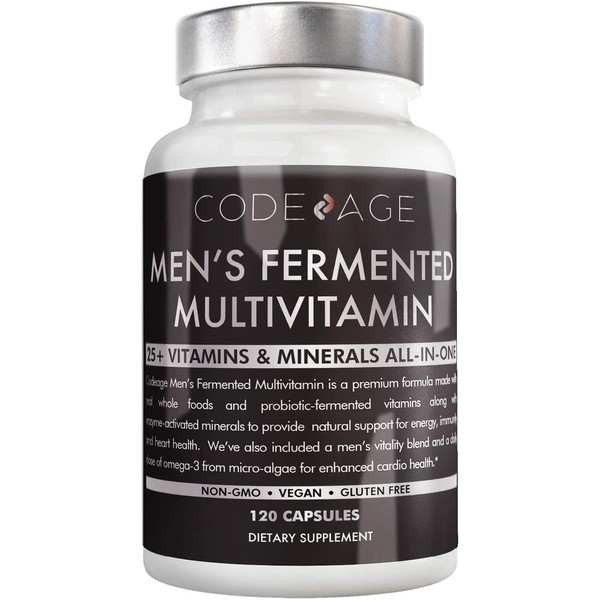 Men’s Daily Multivitamin, 25+ Vitamins & Minerals, Fermented, Organic Whole Foods, Probiotics Supplement - Vitamin A, Vitamin B, Vitamins C, D, E & K, Omega 3, Zinc - Vegan - 120 Capsules