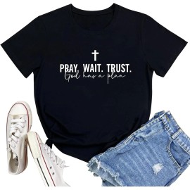 Women Pray Wait Trust Soft Sleeveless Crew Neck Cute Graphic T-ShirtsColor: Black, Size: M