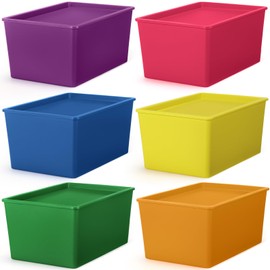 Menkxi 6 Pcs Large Plastic Storage Bins with Lids 14.4 x 10.4 x 5.1 Inch Stackable Storage Containers Durable Box Baskets for Organizing Shelves Playroom Classroom Office (Macaron Color)