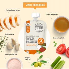 Serenity Kids Bone Broth Puree Made With Organic Veggies | Clean Label Project Purity Award Certified | 3.5 Ounce BPA-Free Pouch | Pasture Raised Turkey Bolognese | 12 Count