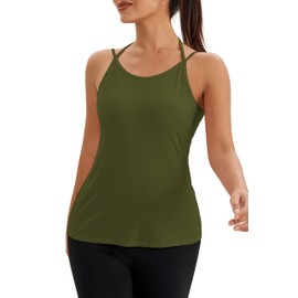 Bestisun Spaghetti Strap Yoga Pilates Tops Womens Gym Sports Tennis Shirts Backless Workout Activewear Clothes Army Green XL
