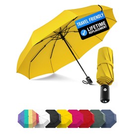 Rain-Mate Paraguas compacto de viaje – resistente al viento, toldo reforzado, mango ergonómico, apertura automático/cierre múltiples colores, Amarillo