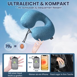 HIKENTURE Inflatable Aeroplane Neck Pillow with Cushion Cover - Inflatable Rice Pillow, Aeroplane Neck Pillow, Adult Inflatable Travel Neck Pillow, Airplane Train (Blue)