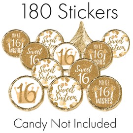 Sweet Sixteen 16th Birthday Party Favor Stickers - 180 Labels (White and Gold)