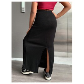 OYOANGLE Girl's Elastic High Waist Maxi Pencil Skirt Split Back Bodycon Knitted Long Skirts Black 11Y