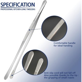 Professional 6 Pcs Stainless Steel Cooking Tweezer Tongs Set for Chef, Seafood, BBQ Etc, 12"and 6.3"