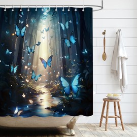 APROPHIC Shower Curtain Butterfly Shower Curtain 180 x 180 cm Shower Blind for Bathtub Bath Curtain Textile Shower Curtains Blue Shower Curtain Waterproof with 12 Shower Curtain Rings