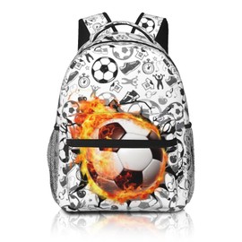 Ewozet White Soccer Ball Fire Backpack for School Boys Girls Kids Teens Sports Backpack Water Resistant Schoolbag Travel Hiking Shoulder Bags for boys girls Teenage Age 6-8，8-10，8-12，10-12 Years Old