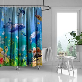 Underwater World Shower Curtain for Bathroom Dolphin Seafish, Machine Washable Polyester Fabric Shower Curtains Set Hooks Included 71 x 71 inch