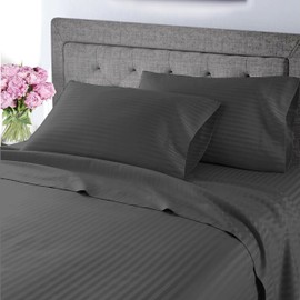 My-100%-Certified-Giza-Cotton-Pillow-Sheet, Giza Egyptian Sheet Set Split Flex Top King Size, Soft Sateen Weave Breathable, Fits Upto 18-Inch Deep Pocket - Split Head King, Dark Grey Stripe